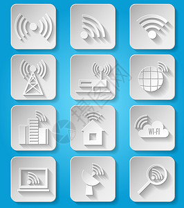 市场热点无线通信网络商务纸图标集咖啡厅,wifi热点信号搜索路由器设备隔离矢量图插画