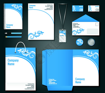 白色信封信纸蓝色白色花卷商业文具模板的企业身份品牌矢量插图插画