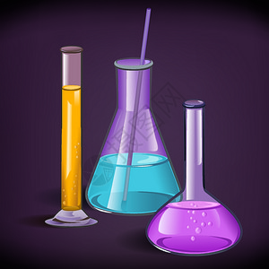 化学实验室套瓶璃器皿与管软木紫罗兰背景打印模板矢量插图图片