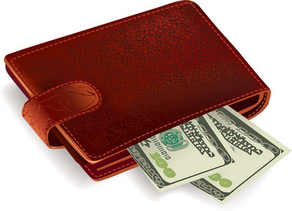 钞票堆经典的棕色皮革口袋钱包装满美元钞票矢量插图插画