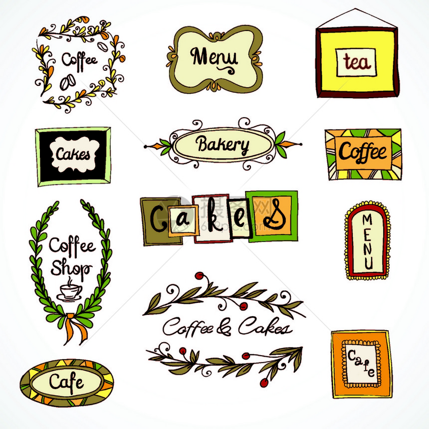 涂鸦装饰复古漩涡花圈咖啡菜单茶框矢量插图图片