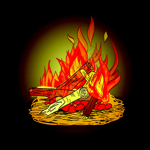 五颜六色的热火营火灾与堆叠的木材石头素描打印矢量插图图片