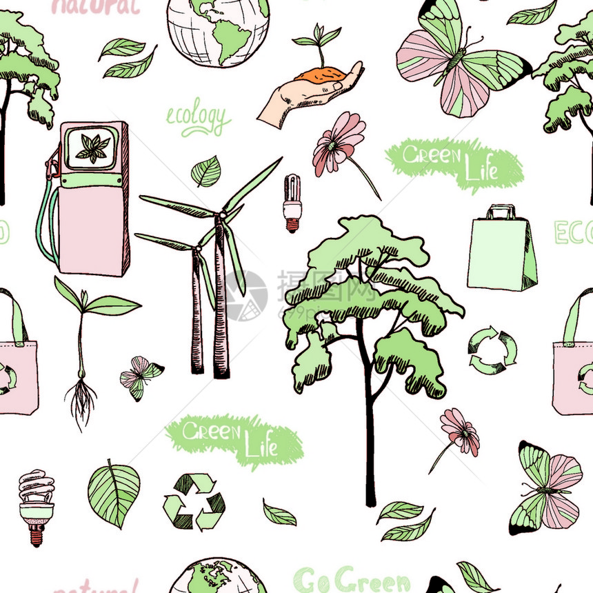 涂鸦生态能源无缝图案与树木叶花全球装饰元素矢量插图图片