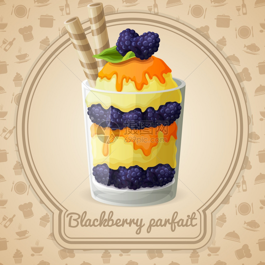 黑莓帕尔费甜点与糖浆浆果章食品烹饪图标背景矢量插图图片