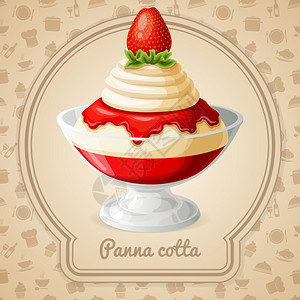 章姬草莓背景矢量插图上带草莓糖浆章食品烹饪图标的PannaCotta甜点插画