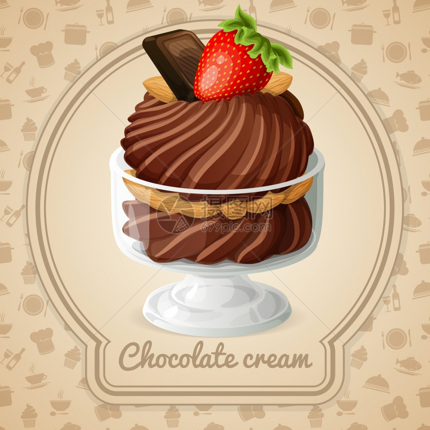 巧克力奶油与坚果草莓章食品烹饪图标背景矢量插图图片