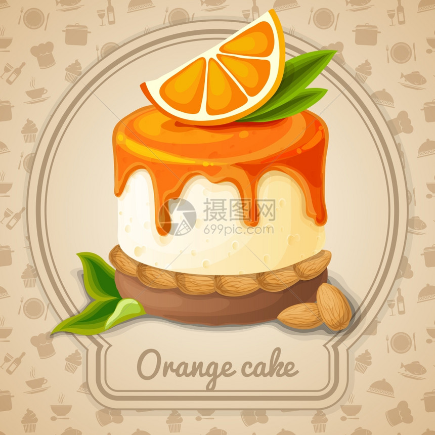 橙色蛋糕甜点与糖浆杏仁标志食品烹饪图标背景矢量插图图片
