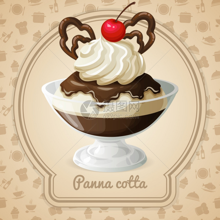 背景矢量插图上带巧克力糖浆樱桃标志食品烹饪图标的PANACotta甜点图片