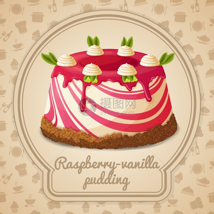 背景矢量插图上的覆盆子香草布丁甜点标签食品烹饪图标图片