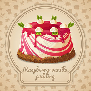 背景矢量插图上的覆盆子香草布丁甜点标签食品烹饪图标图片