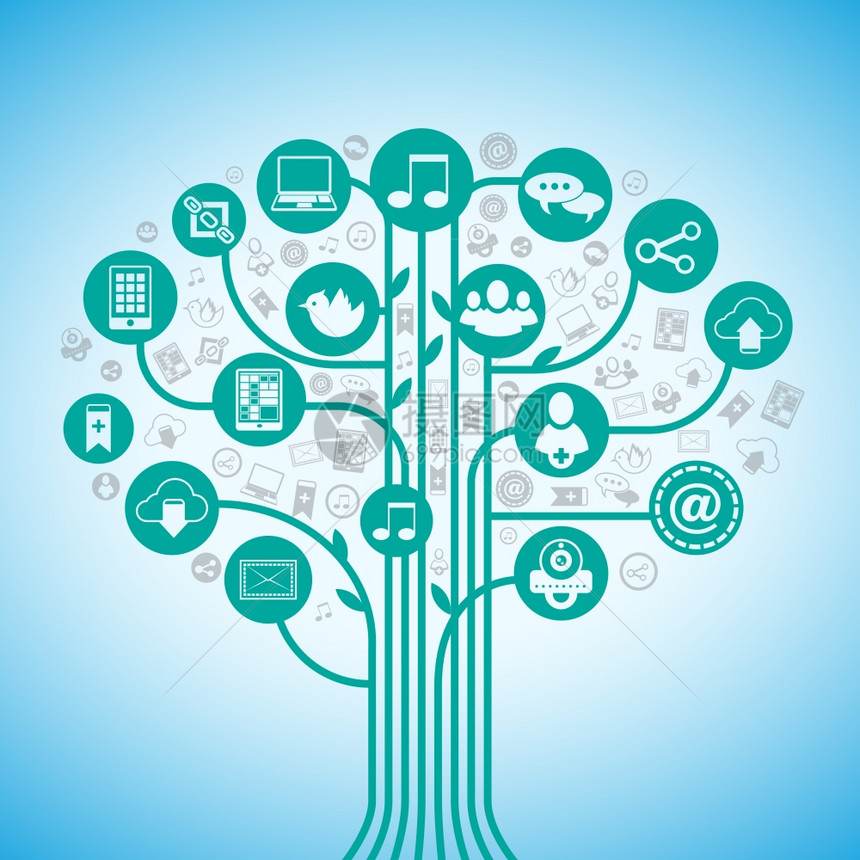 社交媒体树网络与网络通信图标矢量插图图片