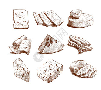 帕尔马干酪整个奶酪块切片分类涂鸦食品图标矢量插图插画