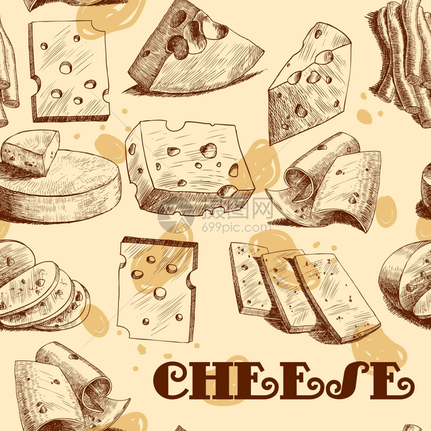 切达帕尔马干酪切片块块分类草图无缝壁纸矢量插图图片