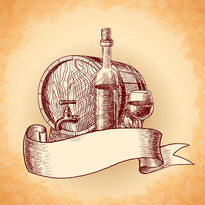 葡萄酒复古素描装饰手绘背景与桶瓶璃矢量插图高清图片