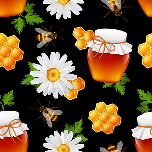 装饰蜂蜜食品璃瓶大黄蜂雏菊蜂窝叶无缝图案矢量插图图片