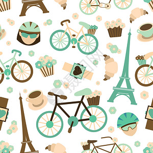 自行车法国旅游运动无缝图案与自行车牛角包骑自行车矢量插图背景图片