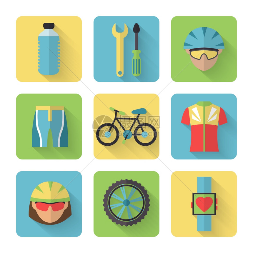 自行车运动健身平图标与自行车运动员水瓶衣服隔离矢量插图图片