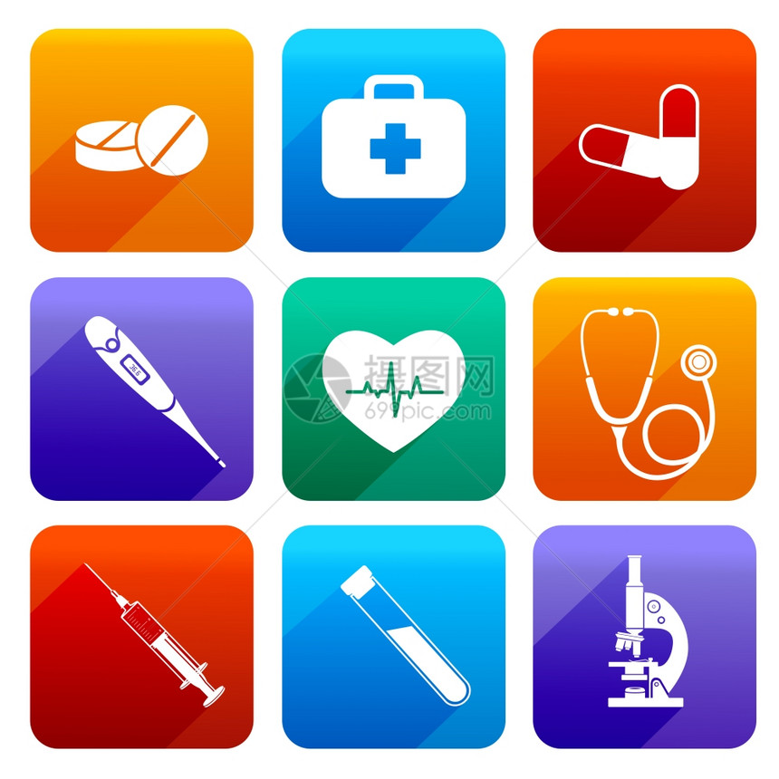 平医疗紧急急救护理图标与药丸套件心跳隔离矢量插图图片