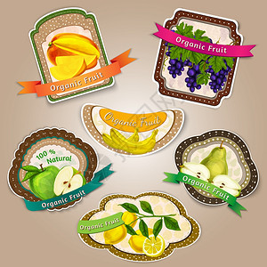 新鲜天然水果标签与芒果葡萄香蕉苹果梨柠檬分离矢量插图插画