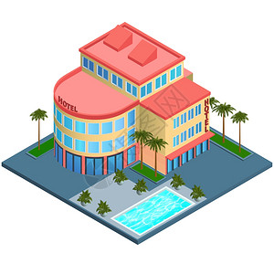现代三维城市酒店建筑与棕榈水池等距孤立矢量插图图片