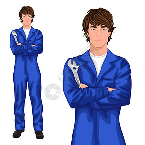 蓝色工作服轻英俊的男汽车机械工人站蓝色整体与扳手,手臂交叉矢量插图插画