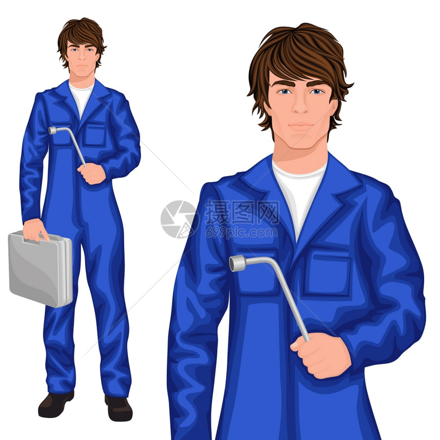 轻英俊的男子机械工人站蓝色的整体与扳手案例矢量插图图片