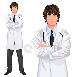 轻英俊的男医生助理站白色实验室外套与听诊器,手臂交叉矢量插图插画