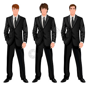 三位轻英俊的商人穿着正式西装,着同的棕色发型矢量插图图片