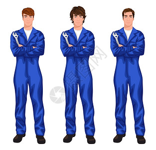 三名轻英俊的机械工人整体与扳手,手臂交叉与同的头发风格矢量插图插画