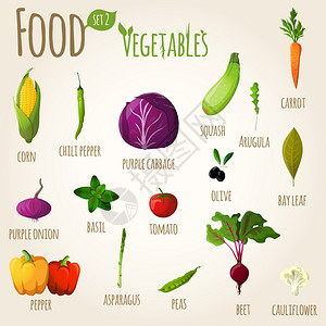 食物蔬菜涂鸦套玉米南瓜卷心菜胡萝卜矢量插图图片