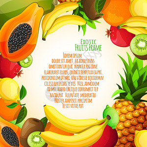 异国情调的天然水果食品装饰框架与香蕉菠萝猕猴桃橙色矢量插图图片