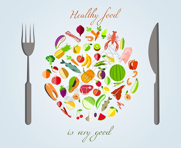 健康餐盘由水果蔬菜肉类鱼类制成,带叉子刀的矢量图图片