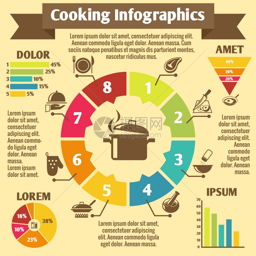 烹饪厨房餐厅信息图元素,食物用具图标图表矢量插图图片