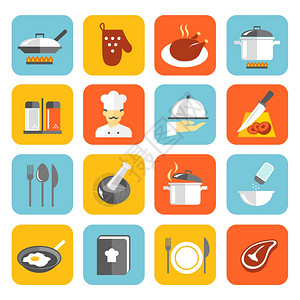 烹饪厨房餐厅平图标与平底手套鸡厨师孤立矢量插图插画