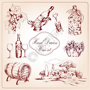 葡萄酒装饰图标集葡萄酒厂螺旋分离矢量插图图片
