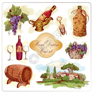 葡萄酒装饰图标集葡萄酒厂螺旋分离矢量插图高清图片