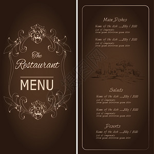 泰式餐厅传单复古餐厅菜单黑暗背景模板与狮子村庄装饰矢量插图插画