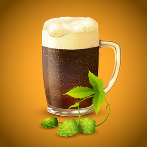 冷霜璃杯冷暗啤酒与泡沫啤酒花背景矢量插图图片