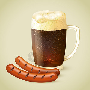 璃杯冷黑波特粗壮啤酒与泡沫烤肠标志矢量插图背景图片