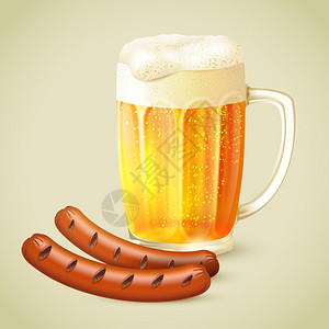 冷金啤酒冷杯与泡沫烤肠标志矢量插图图片