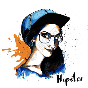 微笑的时髦人物女孩用眼镜帽子墨水绘制矢量插图图片