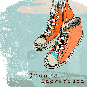 彩色时髦的悬挂胶鞋滑板时尚运动鞋格栅风格背景矢量插图背景图片