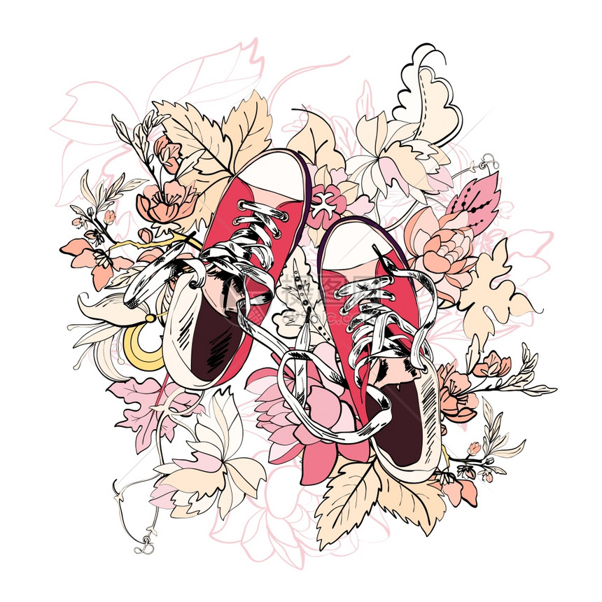 粉红色休闲帆布滑板胶鞋与花卉背景矢量插图图片