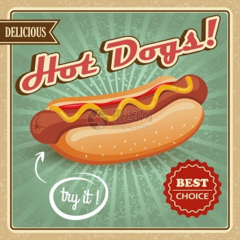 绘制热狗美味快餐最佳选择海报模板矢量插图图片