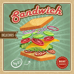 意大利生菜意大利腊肠三明治配料海报与包洋葱,黄瓜,番茄,奶酪,生菜矢量插图插画