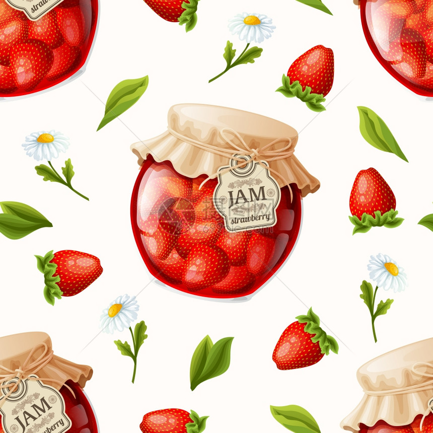 天然机草莓果酱罐花叶无缝图案矢量插图图片