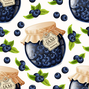 天然机蓝莓浆果果酱罐叶子无缝图案矢量插图背景图片