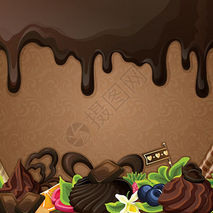 糖果甜点背景与黑色巧克力糖浆奶油装饰矢量插图图片