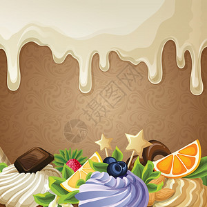 布代利糖果甜点背景与白色巧克力糖浆坚果奶油装饰矢量插图插画