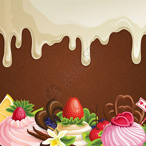 布代利糖果甜点背景与白色巧克力糖浆水果浆果装饰矢量插图插画